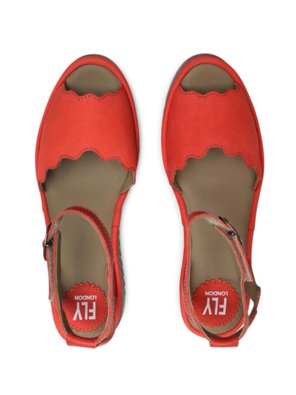 Fly London Lume Red Suede Scalloped Wedge Ankle Strap Sandals - Size US 9.5/EU40
